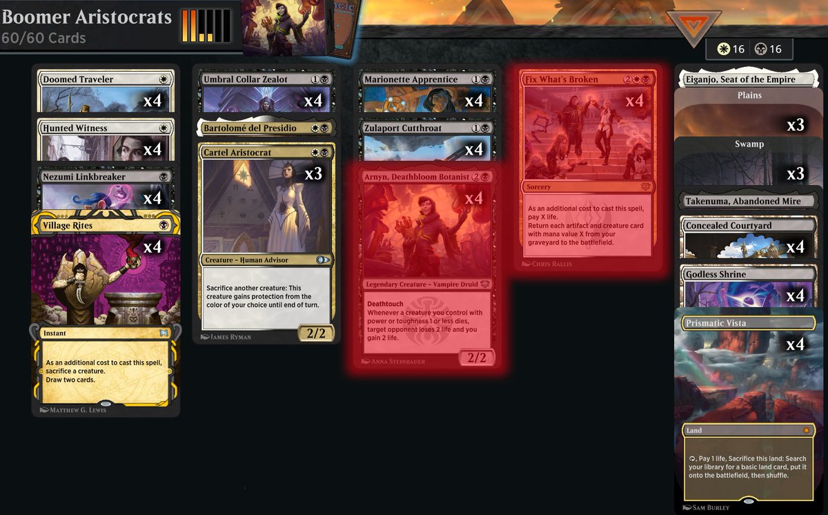 MTGJankTank's tweet image. Boomer Aristocrats v1.0
[Historic] 

ft. Arnyn, Deathbloom Botanist and Fix What's Broken from Secrets of Strixhaven

Twitch.tv/mtgjanktank
#mtg #mtga #mtgarena #magicarena #magicthegathering #secretsofstrixhaven