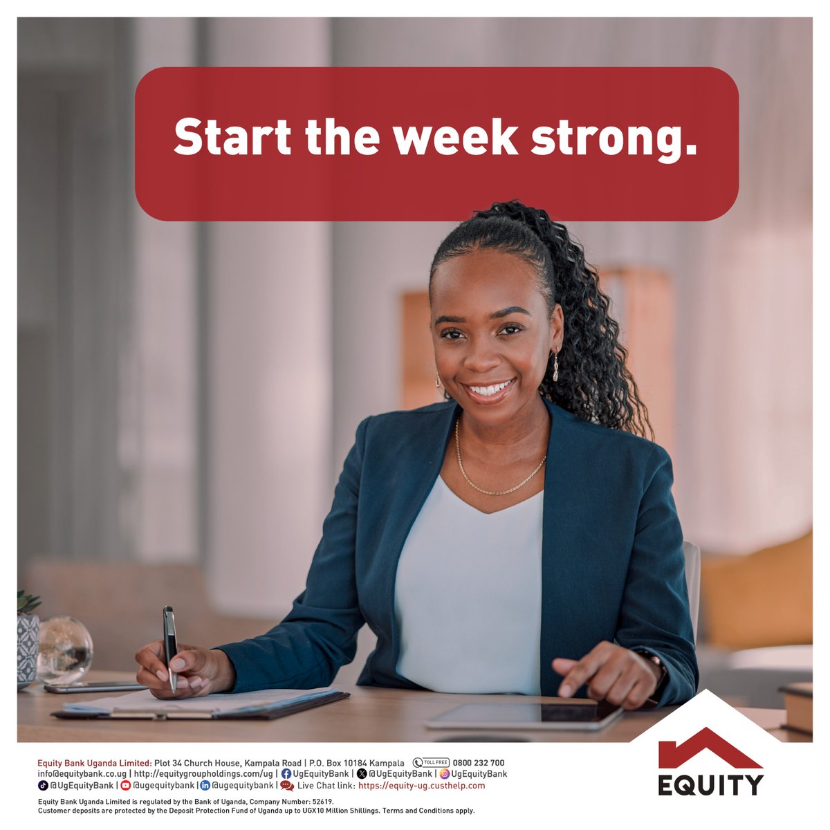 UgEquityBank's tweet image. Happy new week!

Start the week strong! 💪

New goals, fresh energy, and endless possibilities. Go make it yours.

#EquityBankUganda