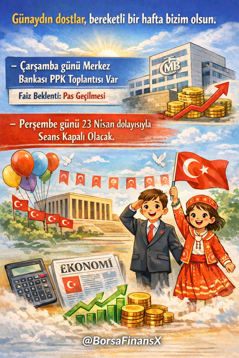 BorsaFinansX's tweet image. Günaydın dostlar, bereketli bir hafta bizim olsun.

Bu hafta PPK toplantımız ve birde resmi tatilimiz var.

-Çarşamba günü Merkez Bankası PPK toplantısı var ve faiz beklenti pas geçilmesi yönünde.

-Perşembe günü ise 23 Nisan dolayısıyla seans kapalı olacak.

#Borsa #Altın #Faiz