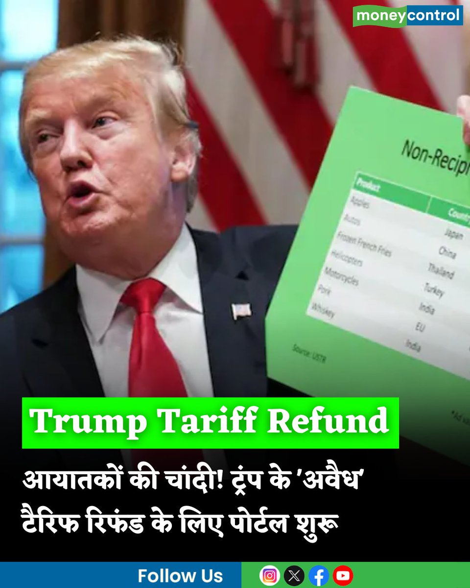 MoneycontrolH's tweet image. Trump Tariff Refund: आयातकों की चांदी! ट्रंप के 'अवैध' टैरिफ रिफंड के लिए CAPE पोर्टल शुरू, जानें रिफंड का पूरा प्रोसेस

hindi.moneycontrol.com/world/trump-ta…

#Trump #Tariff #Refund #moneycontrol