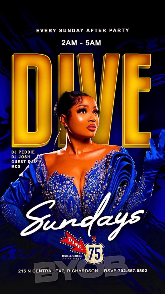 Tonight :- SUNDAY Night AFTER HOURS  At THE DIVE ON 75 || 2Am till 5Am ||    215 N Central Expressway Richardson, TX 75080 || Come early - Leave Happy
#SundayNightAfterHours 
#TheDiveOn75
#BYOB
#Food
