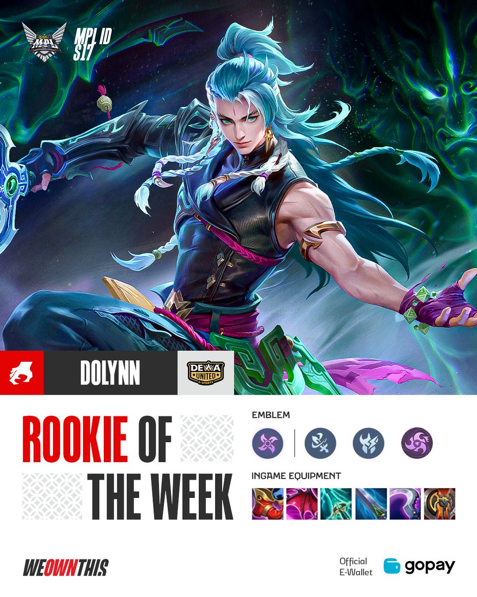 mplidofficial's tweet photo. Rookie of The Week – Minggu 4: Dolynn
Dolynn back-to-back Rookie of the Week! 🔥
Pemain muda berbakat ini sedang dalam performa terbaiknya dengan rata-rata KDA 5.14 dan GPM 68.14. Signature hero dia minggu ini: Suyou!
#ROTW #Gopay #MPLIDS17 #WeOwnThis #NiceGame DOLYNN https://t.co/gsXXW9eE5A