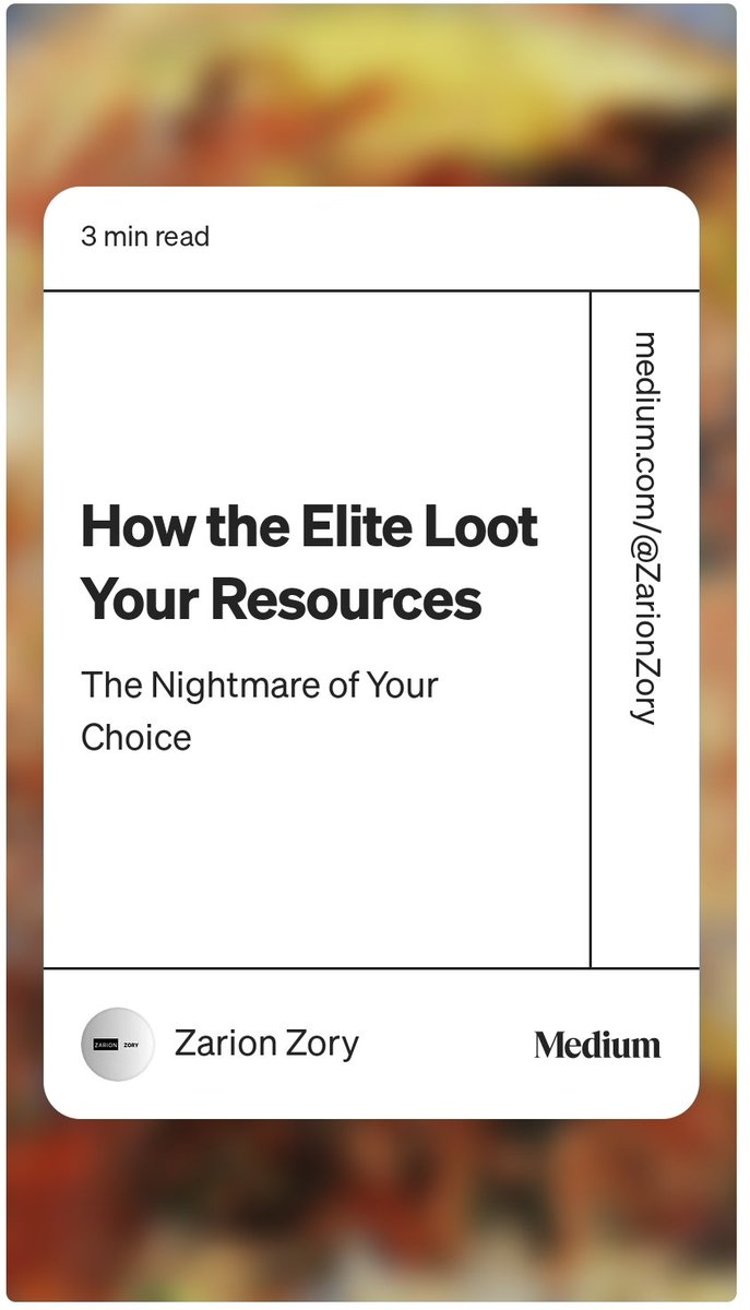 ZarionZory's tweet image. How the Elite Loot Your Resources

The Nightmare of Your Choice ⬇️

Dream, suffer, and die.

At least you will have your own cake.

​Love freedom. Embrace adventure.

#ZarionZoryStory

#MentalHealth #Suffering #Adventure

⬇️ Link 🔗 of the article ↩