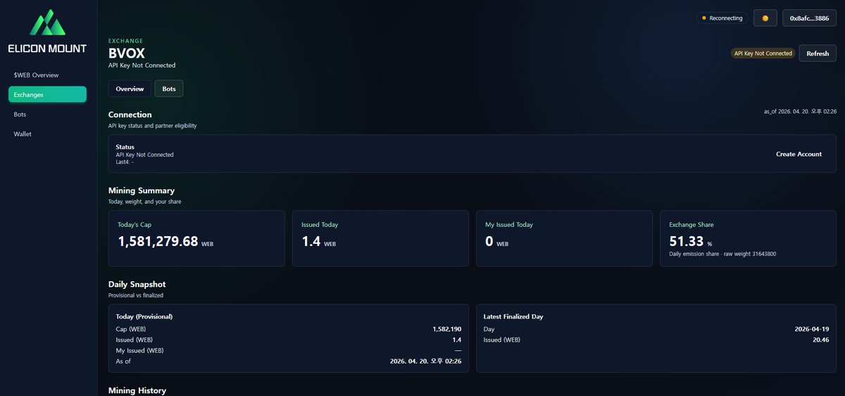 ELICONMOUNT's tweet photo. ✅  — Connect Your Exchange (API Setup)After logging in, follow these steps to complete your mining setup:

1. Go to Exchanges (left menu)

2. Select the exchange you want to use and tap Detail

3. Tap Create Account

4. On the exchange website/app, generate your API Key and API Secret

- Please set the API as Read-Only (no withdrawals / no trading permissions if available)

5. Return to the ELICON MOUNT app and paste the API 
Key and API Secret into the fields

6. Tap Verify to finish linking ✅

✅ Once your API is connected successfully, the exchange setup is complete and your WEB mining step is finished. ⛏️🚀

#crpto #web3 #PoT #WEB #ELICONMOUNT
