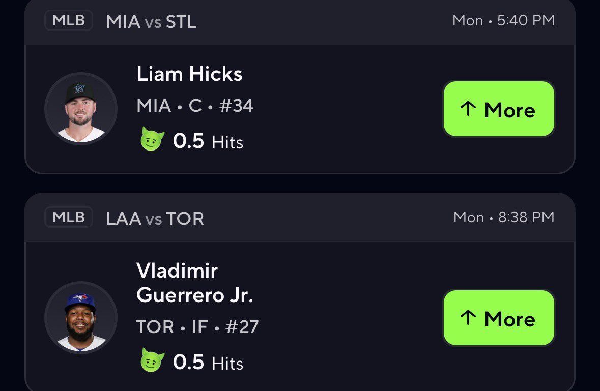 BaseHitBets's tweet photo. Contact + superstar bat = green light 🔋🔥

Liam Hicks o0.5 hits
Vladimir Guerrero Jr. o0.5 hits

One swing each. That’s it. Let the bats do the talking 💸⚾️

#PrizePicks #MLB #BaseballProps https://t.co/nlzigHJzyf