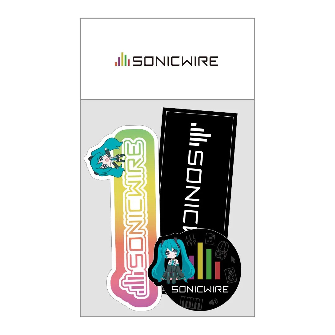 cfm_sonicwire's tweet photo. 🎉SONICWIREオリジナルステッカー・シールセット発売🎉
SONICWIREロゴに加えて、ロゴ＋「初音ミク V6」のメインビジュアルをもとにしたデザインを組み合わせた、オリジナルステッカー・シール3枚セットです✨

PCなど、好きな場所に貼って楽しんでください🎧🎶

▼商品ページ
https://t.co/KtP0VefsgU https://t.co/EmLNjUO2Xk