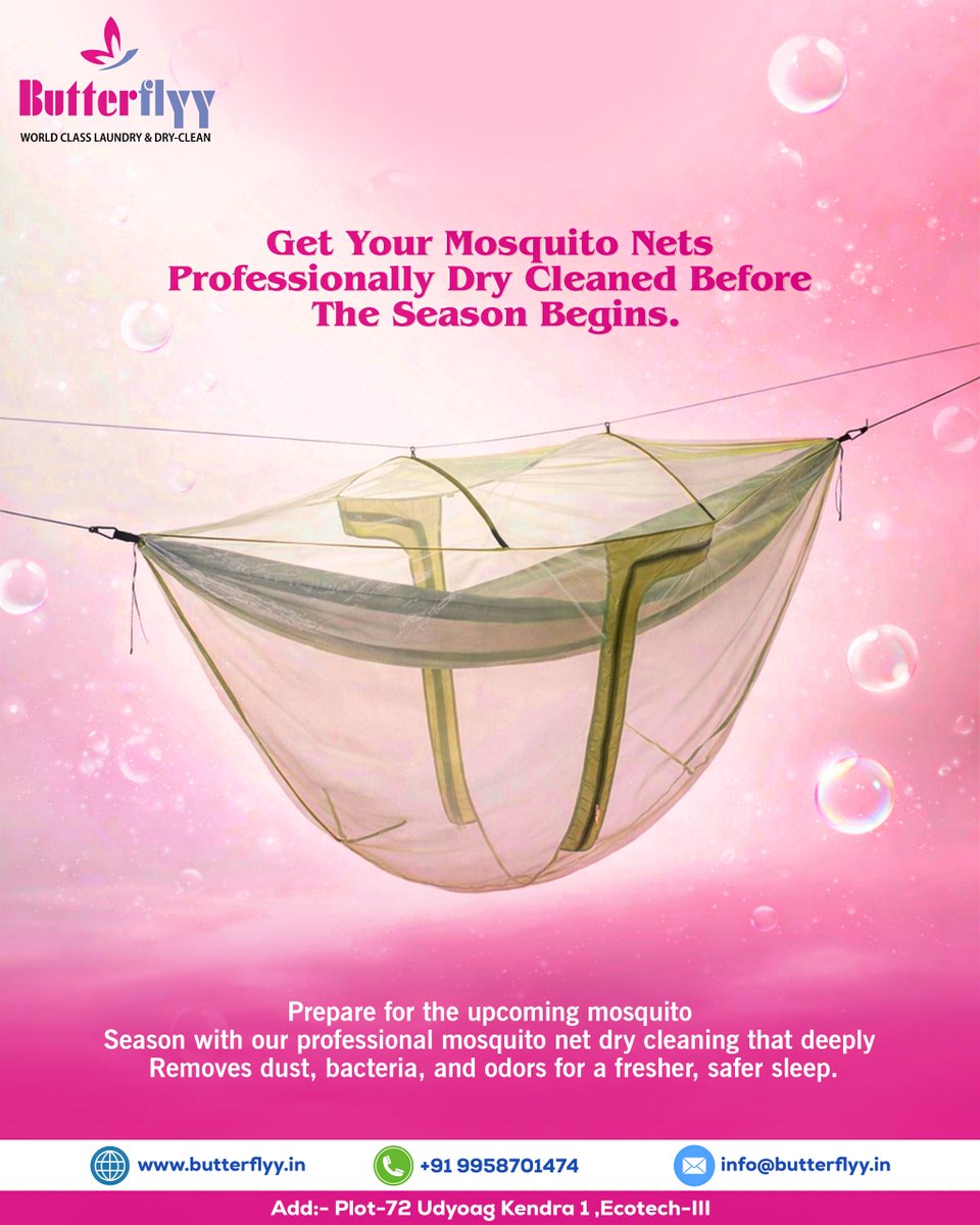 ButterflyyOfc's tweet image. 🦟 #MosquitoNet #DryCleaning Service ✨

Prepare for the upcoming #mosquito season with deep cleaning that removes dust, bacteria, and odors for a fresher, safer sleep 😴

Stay protected. Sleep better 💫

Butterflyy Laundry
☎️ Call Us @ +91 99587 01474
🌐 butterflyy.in