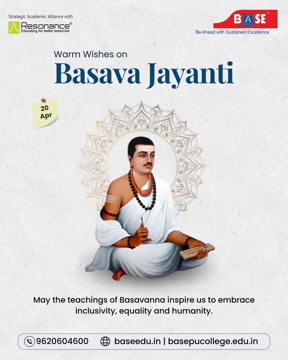 BASEEducational's tweet image. Honouring the legacy of Basavanna, a visionary who stood for equality, unity, and social reform.
Let his teachings continue to guide us towards a more inclusive society.
#BasavaJayanti #Basavanna #Equality #Inspiration