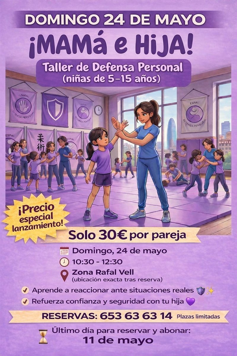 WingSifu's tweet image. 🔥 Taller Mamá e Hija en Palma 👩‍👧
Defensa personal + confianza + conexión 💜
📅 24 mayo
⏰ 10:30–12:30
📍 Rafal Vell
💸 30€ pareja
📲 Reserva: wa.me/34653636314⁠�
🌐 wingchunmallorca.es⁠�
#Palma #DefensaPersonal #MamáEHija