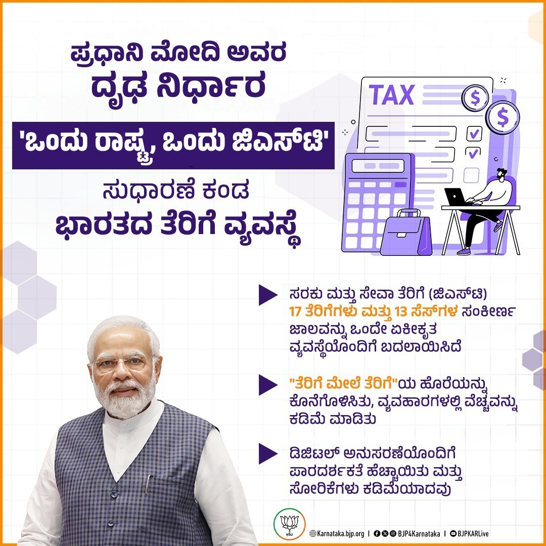 BJP4Karnataka's tweet image. ಭಾರತಕ್ಕಾಗಿ ಪಾರದರ್ಶಕ ಮತ್ತು ಏಕೀಕೃತ ಭವಿಷ್ಯದ ನಿರ್ಮಾಣ !

ಜಿಎಸ್‌ಟಿಯು ಕೇವಲ ತೆರಿಗೆ ಸುಧಾರಣೆ ಅಲ್ಲ—ಇದು ಸರಳ, ಏಕೀಕೃತ ಮತ್ತು ಡಿಜಿಟಲ್ ಆರ್ಥಿಕತೆಯತ್ತ ದಾರಿತೋರಿಸಿದ ಮಹತ್ವದ ನಿರ್ಧಾರ. ಸಂಕೀರ್ಣತೆಗಳನ್ನು ಕಡಿಮೆ ಮಾಡಿ, ವ್ಯಾಪಾರ ಮತ್ತು ಅಭಿವೃದ್ಧಿಗೆ ಹೊಸ ಶಕ್ತಿ ನೀಡಿದೆ.

#GST #ViksitBharat