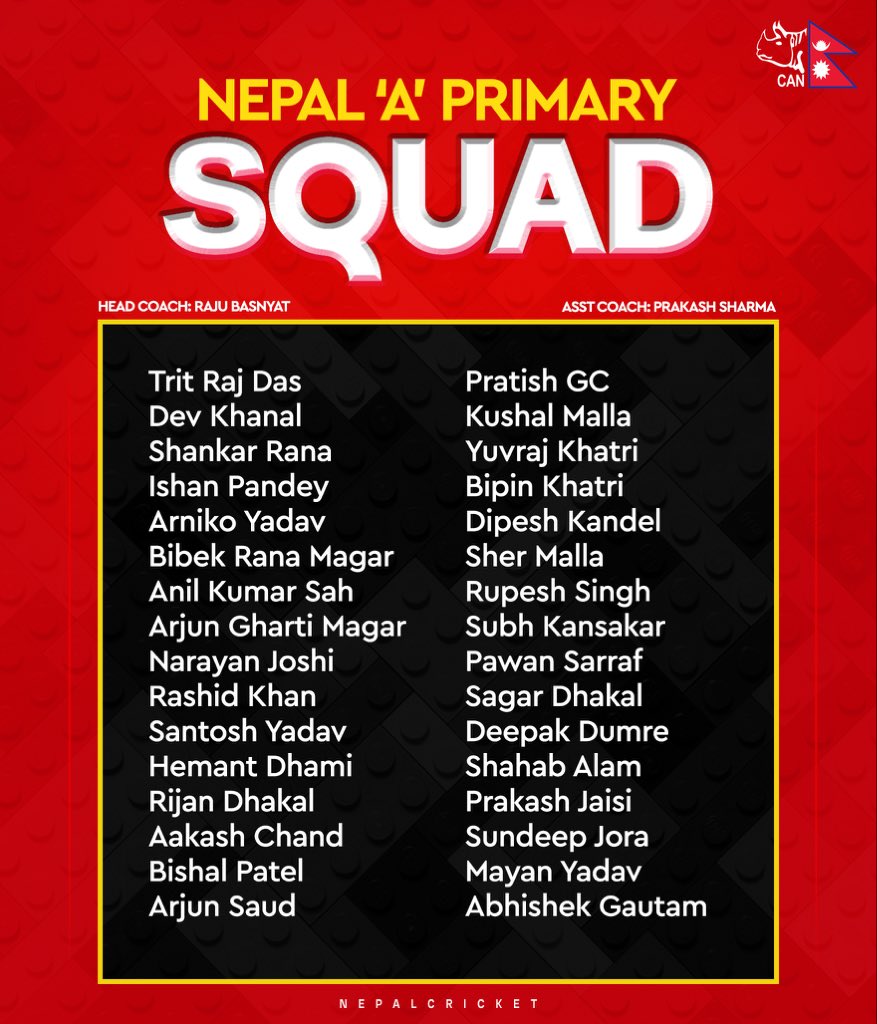 CricketNep's tweet image. Nepal ‘A’ Primary Squad 📣

#NepalCricket