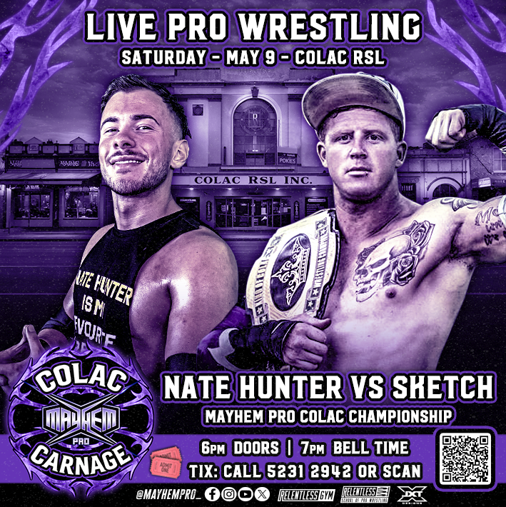 MayhemPro_'s tweet photo. ⛓️‍COLAC CHAMPIONSHIP MATCH ⛓️‍

After winning a huge no.1 contenders match, the self proclaimed fastest rising young star @natehunterpro 

Takes on Colac local &amp; Champion @andrew_clissold for the gold!

📅 Saturday May 9
📍 Colac RSL
🚪 6pm
🔔 7pm
🎟️ Scan or call 5231 2942 https://t.co/I5c9QMlOmA