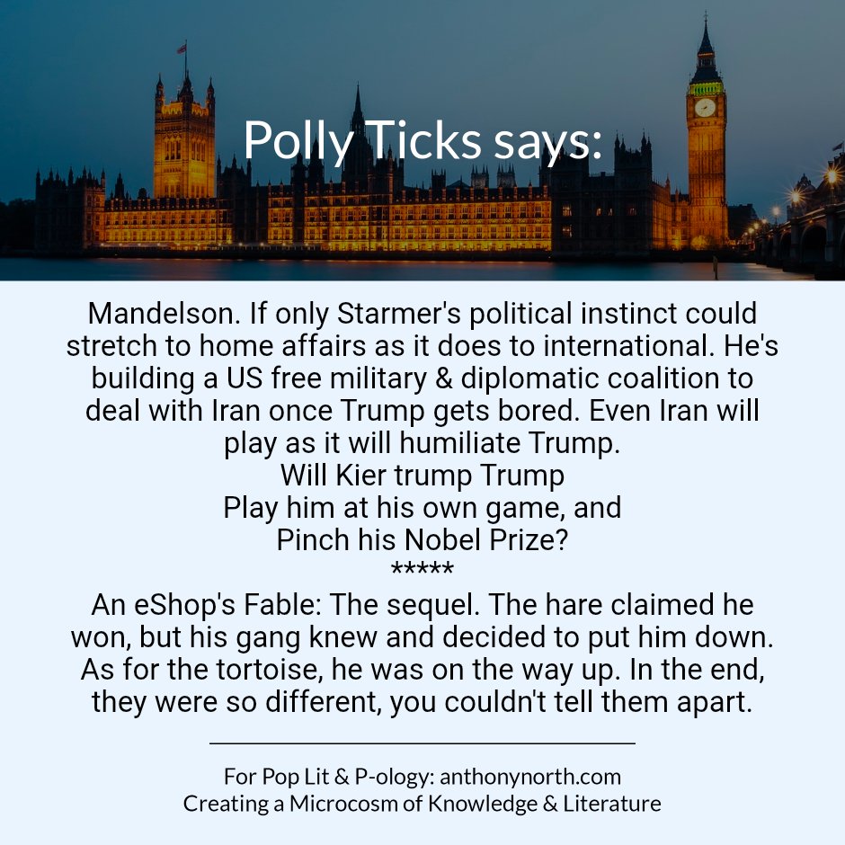 EyeOntheWorld7's tweet image. #r4today #GMB #vss365 #haiku
No time for #trickery
Did Starmer lie to MPs over Mandelson?
Trump faring worse over Iran
My Essays Page:
anthonynorth.com/essays
53 eBooks on Profile - Fiction Poetry Horror Sci Fi Crime Romance Green Politics History Paranormal