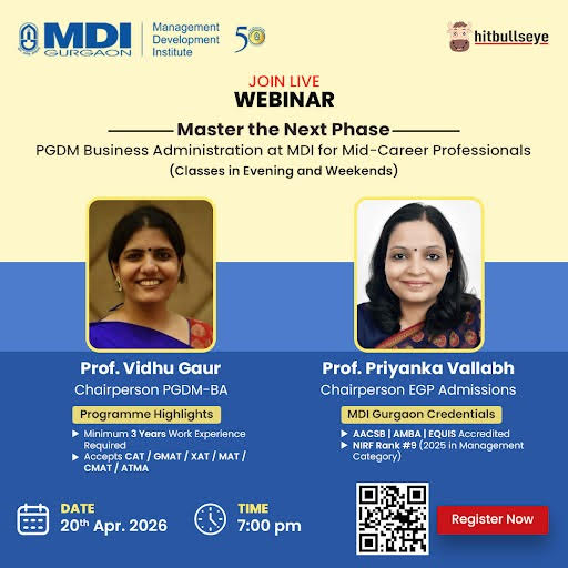 MDIGurgaon's tweet image. Unlock leadership with #MDIGurgaon's PGDM-BA for working professionals. Webinar: 20 April, 7:00 PM IST with Prof. Vidhu Gaur &amp;amp; Prof. Priyanka Vallabh. Evening and weekend classes. Join: hitbullseye.zoom.us/j/95868688830 #PGDMBA #CareerGrowth #LeadershipDevelopment