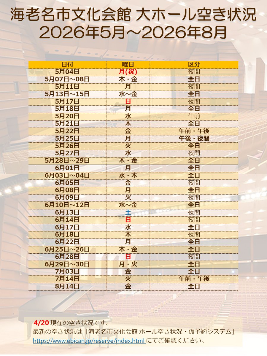 ＜大ホール空き状況のご案内＞

2026年5月～2026年8月の空き状況につきまして、下記の通りご案内いたします。
※6月以降につきましては、2区分以上の空きがある日のご案内になります。（4月20日 時点）

最新の空き状況はebican.jp/reserve/index.… にてご確認ください。

ご利用をお待ちしております。