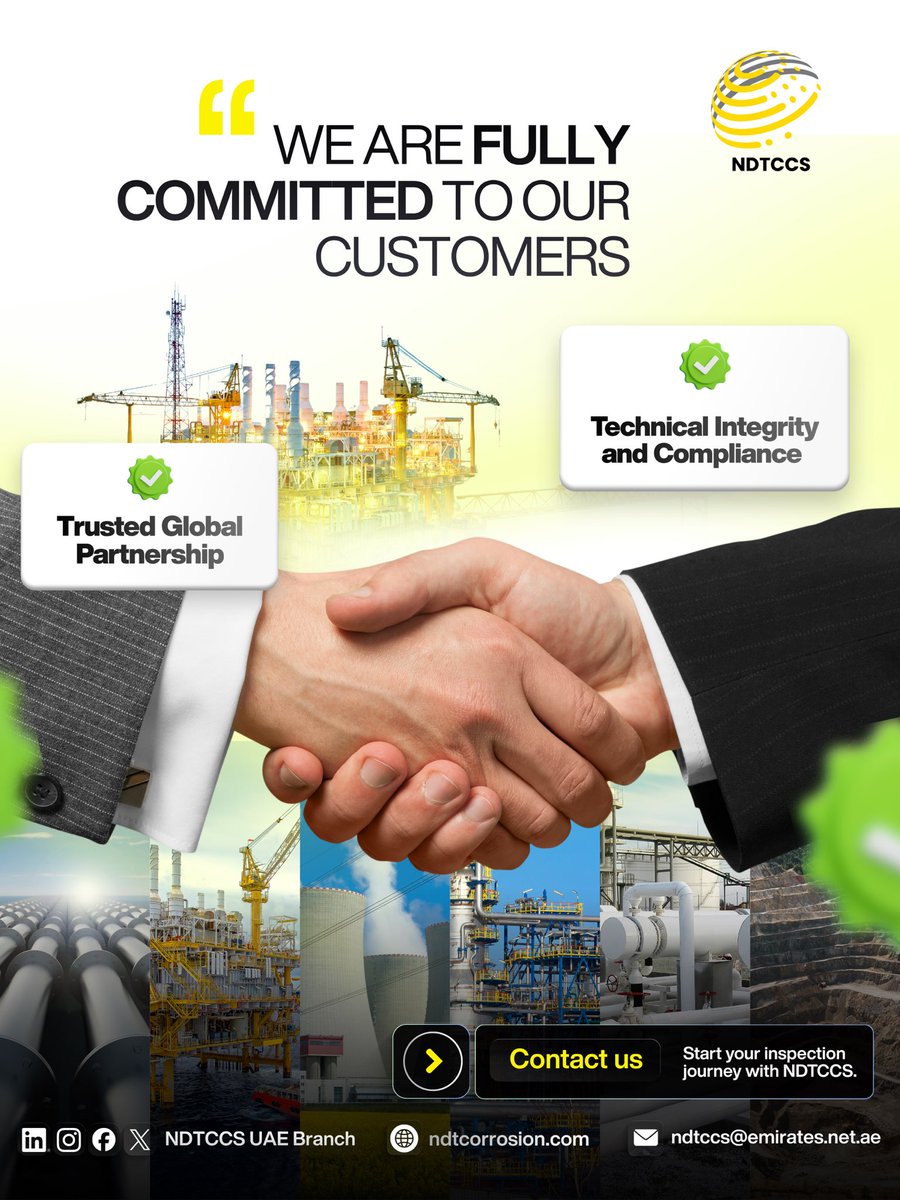 ndtccs_uae's tweet image. Ensuring integrity &amp;amp; compliance for critical assets ⚙️ Advanced NDT &amp;amp; inspection solutions backed by global expertise. Safeguard your operations with confidence.
#NDT #Inspection #AssetIntegrity #UAE
