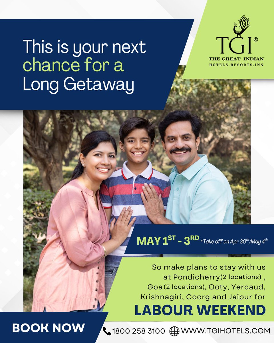 tgi_hotels's tweet image. #LongWeekendAlert May kicks off with a well-earned long weekend — just in time for a summer escape. Trade the routine for cool hillsides or breezy beaches this Labour Day, and make it a memorable.
Book now 📞1800 258 3100 🌐 tgihotels.com.
#ExperienceTGI #SummerGetaways