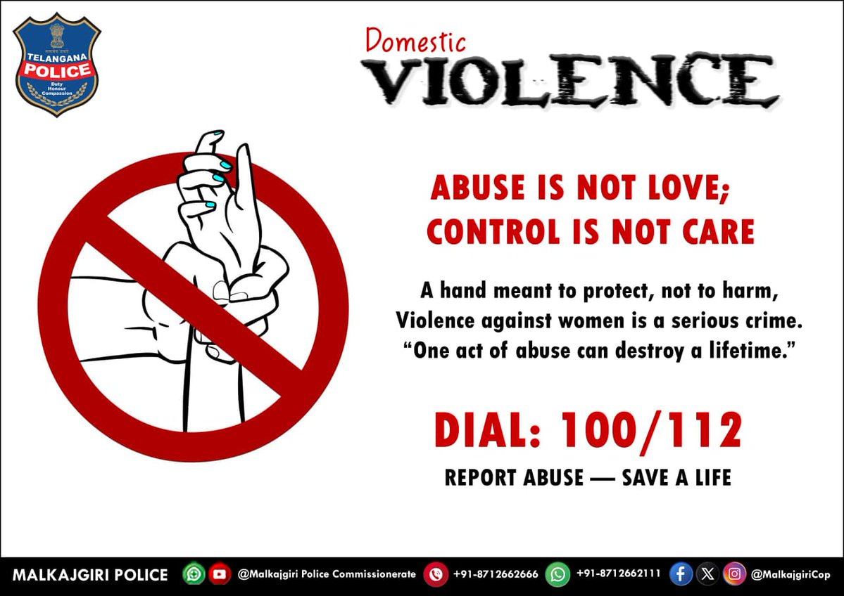 shotrimulgherry's tweet image. 🚨𝐃𝐨𝐦𝐞𝐬𝐭𝐢𝐜 𝐕𝐢𝐨𝐥𝐞𝐧𝐜𝐞 𝐢𝐬 𝐚 𝐂𝐫𝐢𝐦𝐞 🚨
#Abuse is not love. Control is not care.
A hand meant to protect should never harm.
Violence against women is a serious offense. Even one act of abuse can destroy a lifetime. #SpeakUp. Take action.
📞 Dial 100 / 112