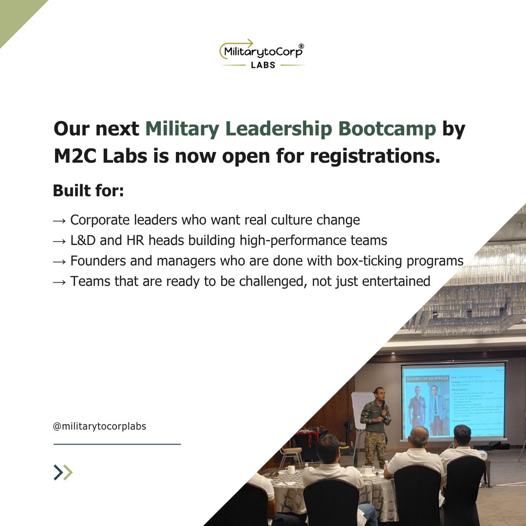 Mil2Corp's tweet image. Stop talking about accountability. Put your team in situations where excuses don’t work and outcomes are owned the military way. If you’re a leader who actually wants to see this in action, write to us at info@militarytocorp.com

#leadership #teambuilding #experientiallearning