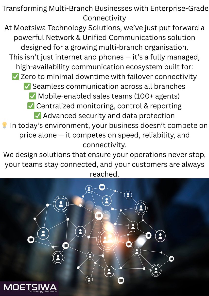 MoetsiwaK's tweet photo. #MoetsiwaTech #DigitalTransformation #EnterpriseIT #VoIP #Networking #BusinessConnectivity #KZNBusiness #ITSolutions https://t.co/PmZ3UuJTuF