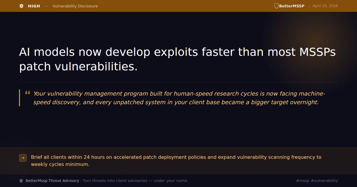 bettermssp's tweet image. Your patch windows just got shorter. #AI is finding vulns faster than your teams can deploy fixes. Clients will ask why you weren't scanning weekly. Have that answer ready. #mssp #vulnerability #soc #cybersecurity #threatintel