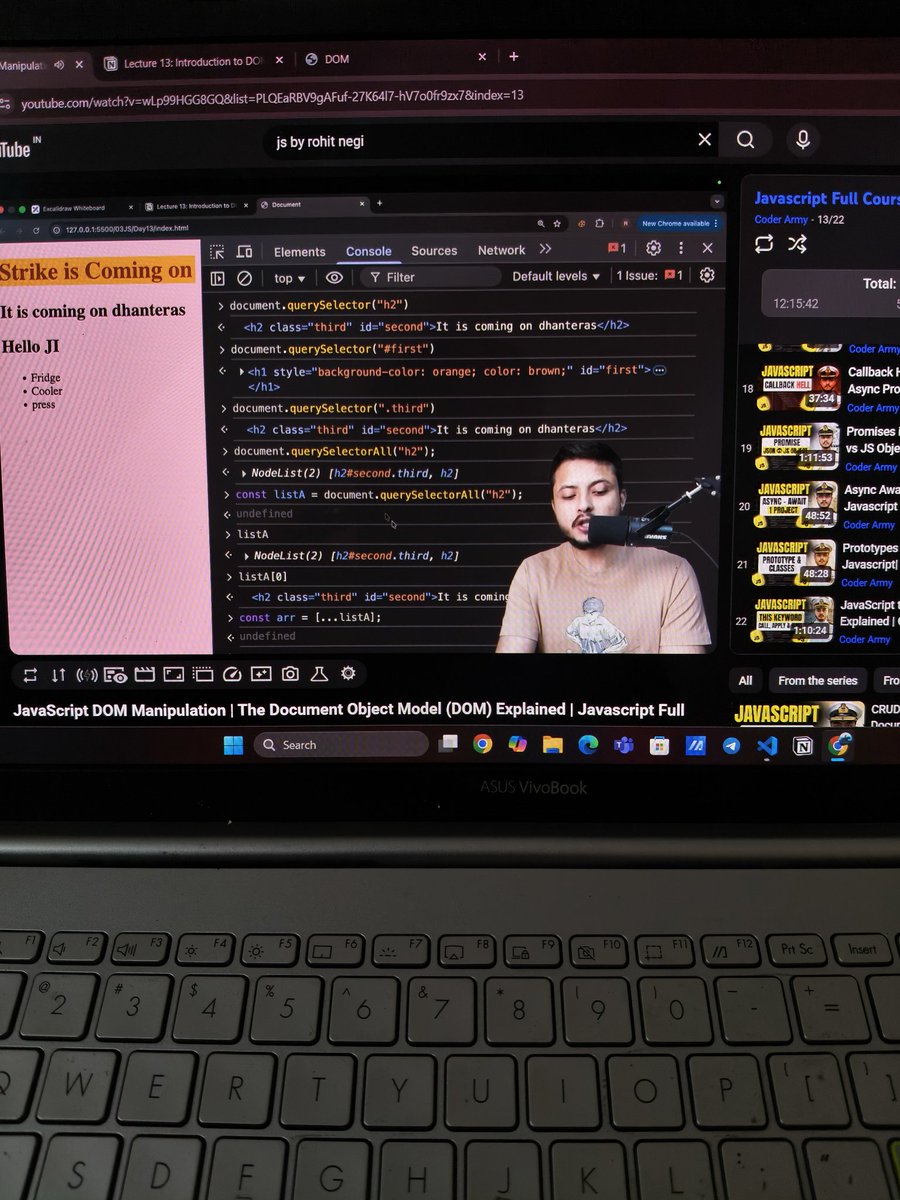 coder_Yash19's tweet image. #Day10 of   learningJavaScript
Completed lecture 13 of Js
Today I learned about 
 • DOM manipulation 
• How we can manipulate Html elements using JS 
• Explored some methods in console
Obj are the most important topic of JS
@rohit_negi9 
 @CoderArmy
 #Learninginpublic