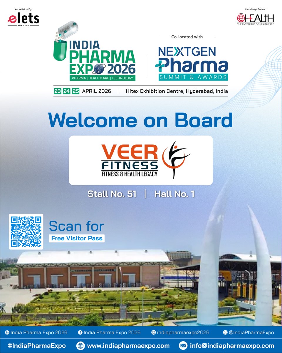 indiaPharmaExpo's tweet image. We are delighted to welcome Veer Fitness LLP as an Exhibitor at India Pharma Expo 2026, co-located with the NextGen Pharma Summit &amp;amp; Awards.

To Secure Your Free Visitor Pass, Click Here: indiapharmaexpo.com/visitor.php

#IndiaPharmaExpo2026 #HealthAndWellness #FitnessIndustry
