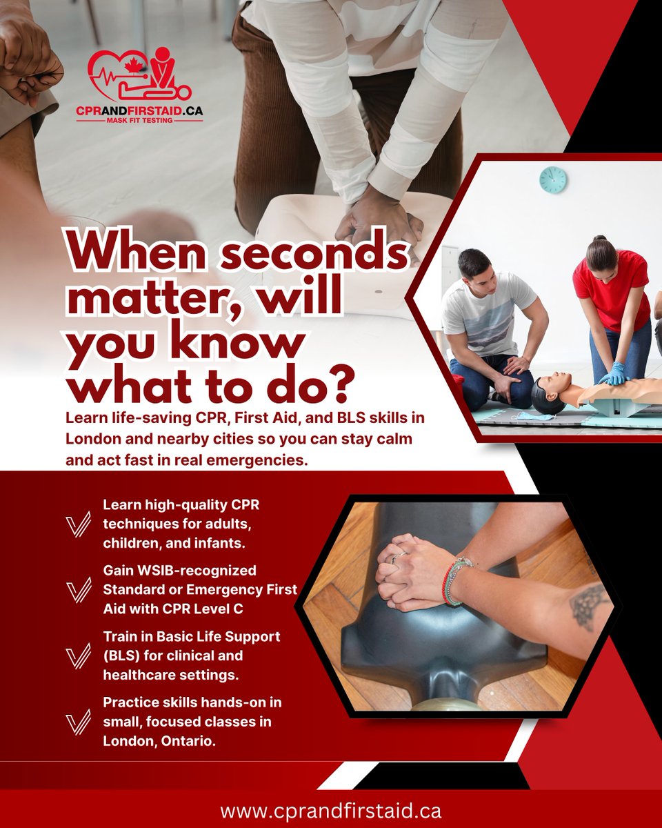 RoyA27025413705's tweet image. Heart attack at work, a child choking at home, or a collapse in a clinic—when seconds matter

#cprtraining #firstaid #londonontario #savelives #blsprovider #healthcaretraining #emergencyready #safetyfirst #london  #cprandfirstaid

🌐 Details &amp;amp; booking: cprandfirstaid.ca