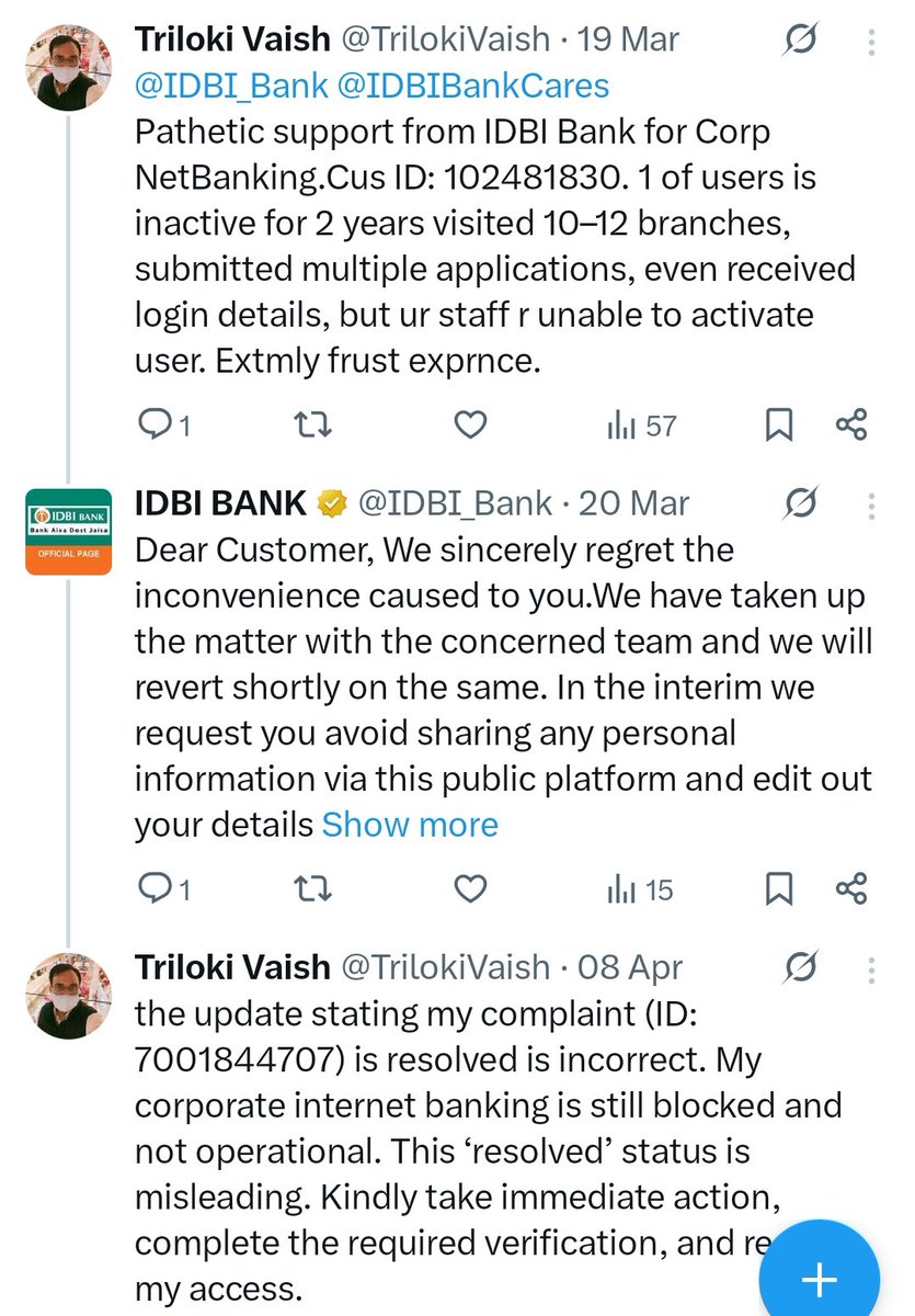 TrilokiVaish's tweet image. Such poor service and false complaint closures undermine trust in the banking system.
Immediate resolution required.
#IDBIBank #BankingIssue #CustomerRights #RBI #Escalation