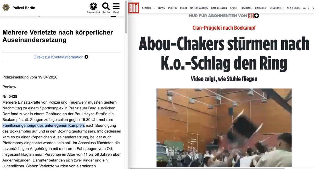 Auch die Polizei drückt sich mancherorts davor, Ross und Reiter zu nennen.

Nach Krawallen im Anschluss an einen Boxkampf in Berlin-Prenzlauer Berg am Samstag
- die (bisher einzige) Pressemitteilung der Berliner Politik: links
- die Berichterstattung der <a href="/BILD/">BILD</a>-Kollegen: rechts
