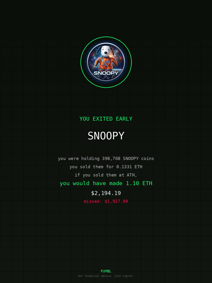 momokawa1030's tweet image. Went to fumbledbags.xyz and saw I missed generational wealth on $SNOOPY 
coulda retired the fam 

0x4442e318FF5748b7e2924AaC0D8925daD9B12f5b 
#rainbow
#throughout