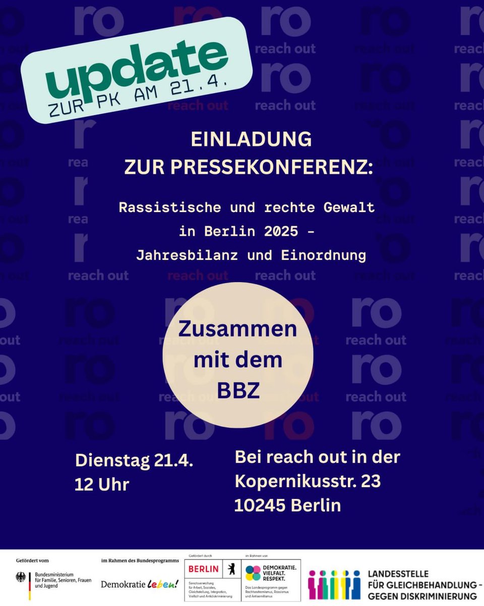 BerlinDemo's tweet image. 💥Ankündigung! Dienstag 21.04.2026💥

📰🎙Einladung zur Pressekonferenz "Rassistische und rechte Gewalt🎙📰

Dienstag, 21.04.2026 | 12:00 Uhr | Kopernikusstraße 23 10245 Berlin

📣 Aufruf: asanb.noblogs.org/?p=16760

#b2104 #Rassismus #RechteGewalt
1/2