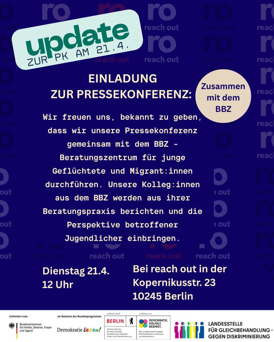 BerlinDemo's tweet image. 💥Ankündigung! Dienstag 21.04.2026💥

📰🎙Einladung zur Pressekonferenz "Rassistische und rechte Gewalt🎙📰

Dienstag, 21.04.2026 | 12:00 Uhr | Kopernikusstraße 23 10245 Berlin

📣 Aufruf: asanb.noblogs.org/?p=16760

#b2104 #Rassismus #RechteGewalt
1/2