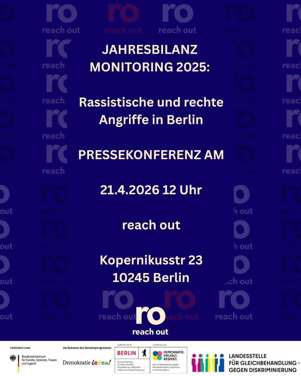 BerlinDemo's tweet image. 💥Ankündigung! Dienstag 21.04.2026💥

📰🎙Einladung zur Pressekonferenz "Rassistische und rechte Gewalt🎙📰

Dienstag, 21.04.2026 | 12:00 Uhr | Kopernikusstraße 23 10245 Berlin

📣 Aufruf: asanb.noblogs.org/?p=16760

#b2104 #Rassismus #RechteGewalt
1/2