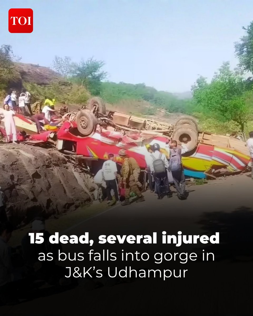 timesofindia's tweet image. J&amp;amp;K | A devastating bus accident in #Udhampur, Jammu and Kashmir, claimed at least seven lives and left several injured as the #vehicle plunged into a #gorge. Rescue operations are underway, with authorities confirming heavy casualties are anticipated. Efforts are being made to