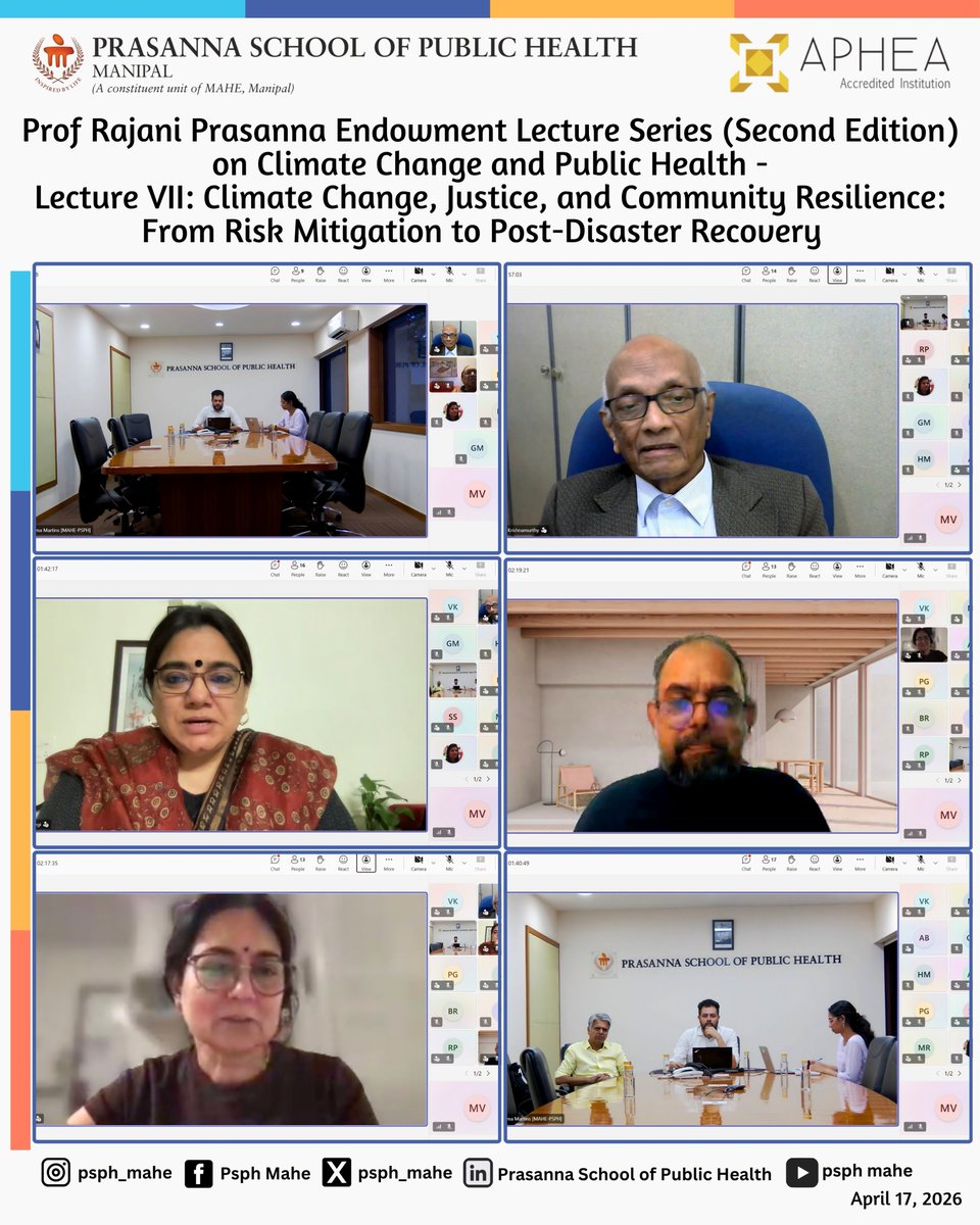 psph_mahe's tweet image. #PSPH #MAHE organised Lecture VII of the Prof. Rajani Prasanna Endowment Lecture Series on Climate Change &amp;amp; Public Health. Themes covered #riskmitigation, environmental justice, post‑disaster recovery &amp;amp; legal perspectives  #ClimateChange #PublicHealth #CommunityResilience