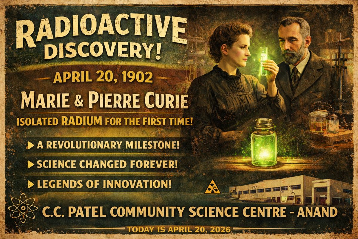 KendraAnand's tweet image. The day science started to glow ✨⚛️
April 20, 1902 🔬
Respect to Marie Curie &amp;amp; Pierre Curie 🙌
C.C. Patel Community Science Centre, Anand
#OnThisDay #science 
@InfoGujcost 
@narottamsahoo 
@spunivgujarat 
@VaishnavVibha