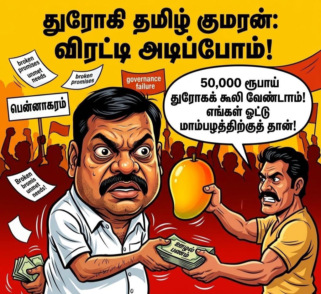 தமிழ் குமரன் 50,000 கொடுத்தாலும் மாம்பழத்திற்கு தான் எங்கள் ஓட்டு.
துரோகி ஜிகே.மணியை பென்னாகரத்தில் இருந்து விரட்டி அடிப்போம்.

இதே மனநிலை தான் ஒட்டுமொத்த பென்னாகரம் சட்டமன்றத் தொகுதி மக்களின் மனநிலை.!