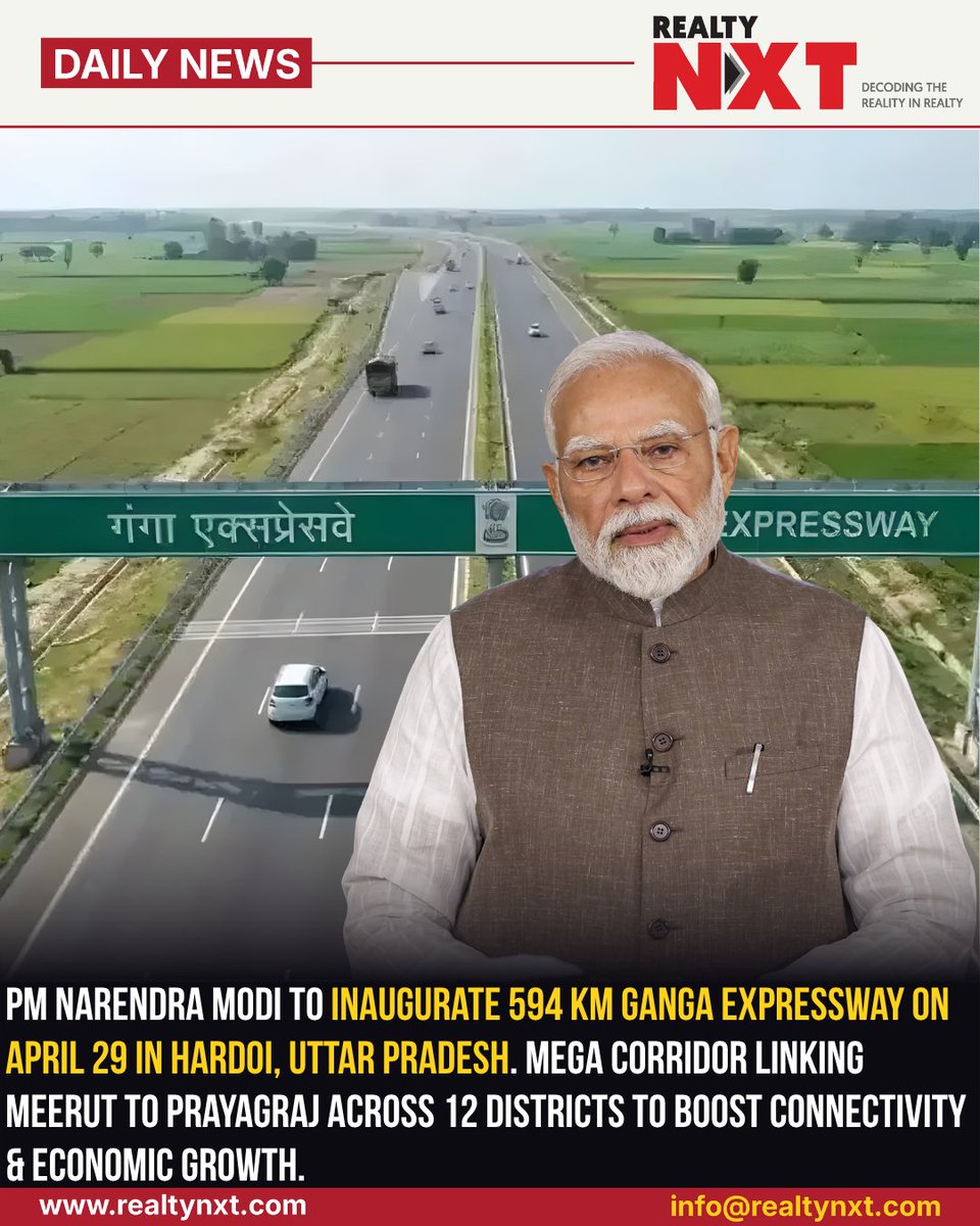 RealtyNXT's tweet image. #News | PM Modi to inaugurate 594 km Ganga Expressway on April 29 in Hardoi, connecting Meerut to Prayagraj, boosting connectivity, logistics efficiency, and regional economic growth.

#RealtyNXT #InfraGrowth #ExpresswayLaunch #IndiaDevelopment #MobilityBoost #EconomicExpansion