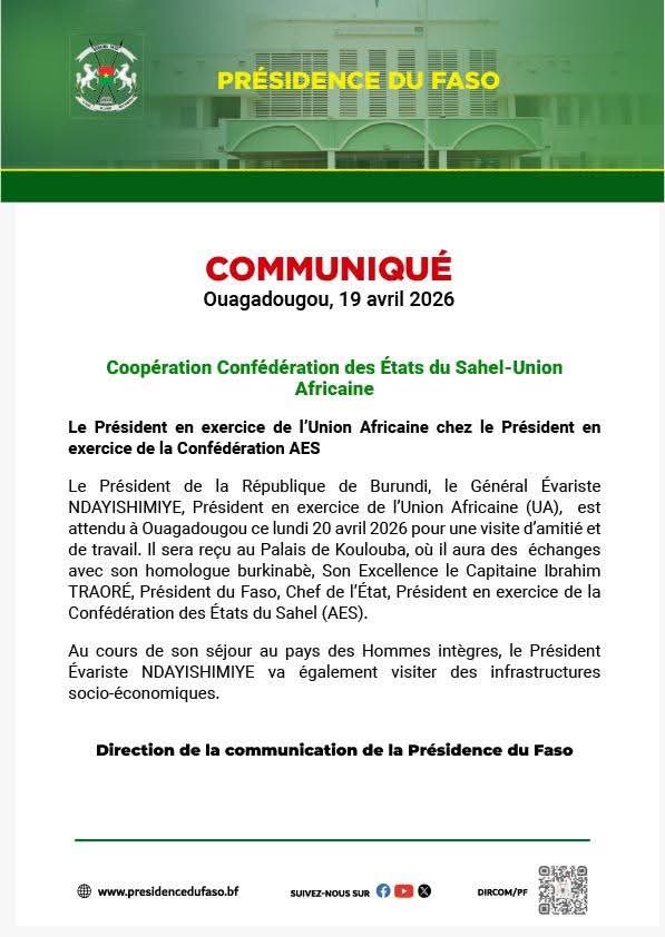 akezanet's tweet image. 🔴Le Chef de l’Etat, @GeneralNeva et Président en exercice de l’@_AfricanUnion est attendu au Burkina Faso🇧🇫 ce 20/4 pour une visite d’amitié et de travail

Objectif: Échanges avec son homologue Ibrahim Traoré sur la Coopération UA-AES + Visite d’infrastructures socioéconomiques.