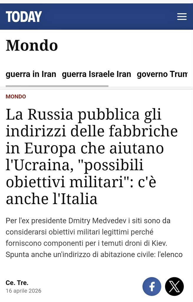 Purtroppo, Medvedev ha ragione: in base al Diritto Internazionale (par. 2, Art. 52 del Protocollo Aggiuntivo alle Convenzioni di Ginevra, che l'Italia ha sottoscritto nel 1986) le aziende italiane che producono dispositivi militari per l'Ucraina sono Obiettivi Legittimi.