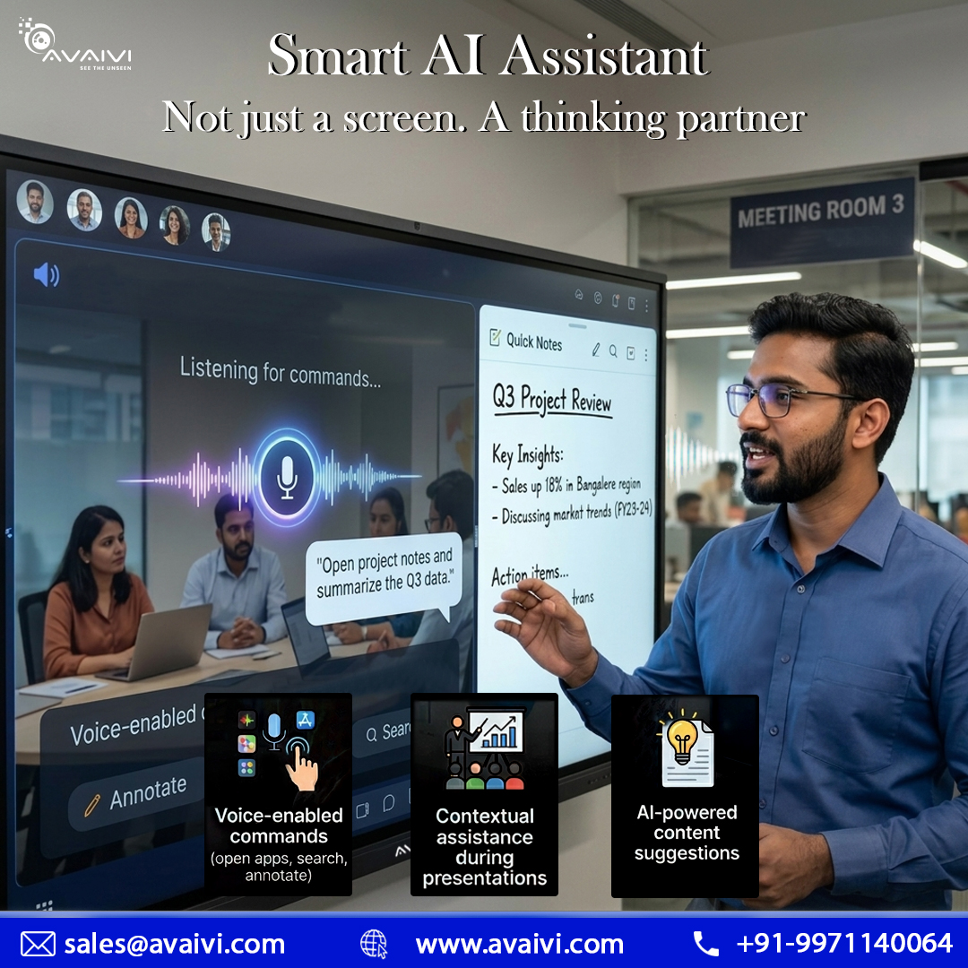 AVAIVIVSSPL's tweet image. Not just a screen. A thinking partner.
Meet the AVAIVI Smart AI Assistant-your new favorite teammate. Whether you're reviewing Q3 data or brainstorming the next big thing, our AI-powered display is here to make your life easier.
* Voice-enabled commands
#SmartAI #OfficeTech #VC