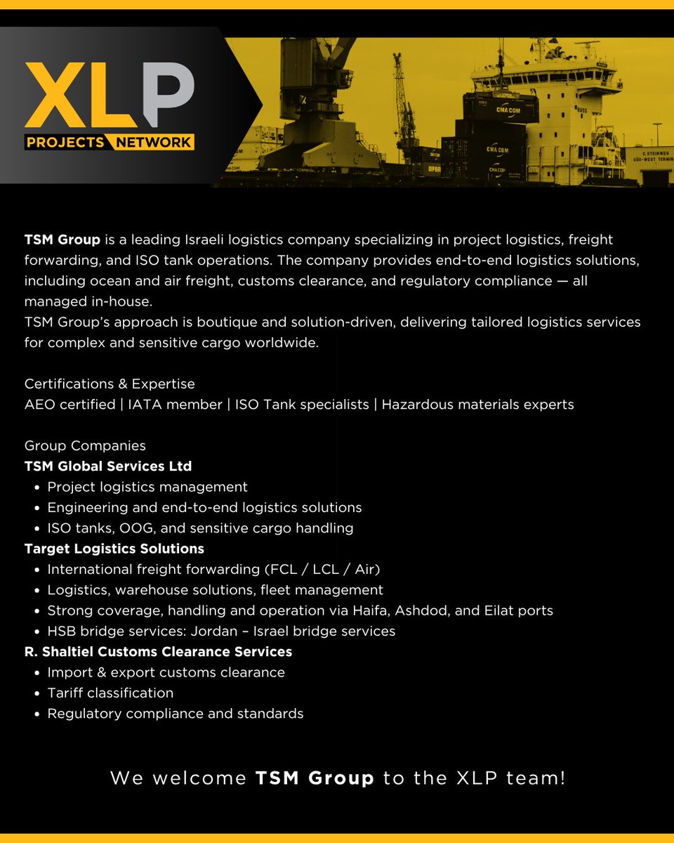 We welcome TSM Group in Tel Aviv, Israel to the XLP team! 🌎

🔎 Read more: xlprojects.net/tsm-group-in-t… 

#XLProjects #AINetworks #ProjectCargo #LogisticsNetwork #freightnetworks #TSMGroup