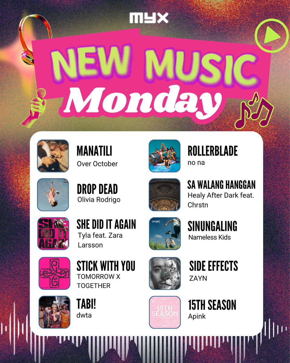 myxglobal's tweet image. Update your playlist ASAP! Here's this week's #NewMusicMonday 🎶

Manatili by @overoctoberph 
drop dead by @oliviarodrigo 
SHE DID IT AGAIN by @Tyllaaaaaaa feat. @zaralarsson 
Stick With You by @TXT_bighit
Tabi! by @akoaydwta 
rollerblade by @nonawav 
Sa Walang Hanggan by