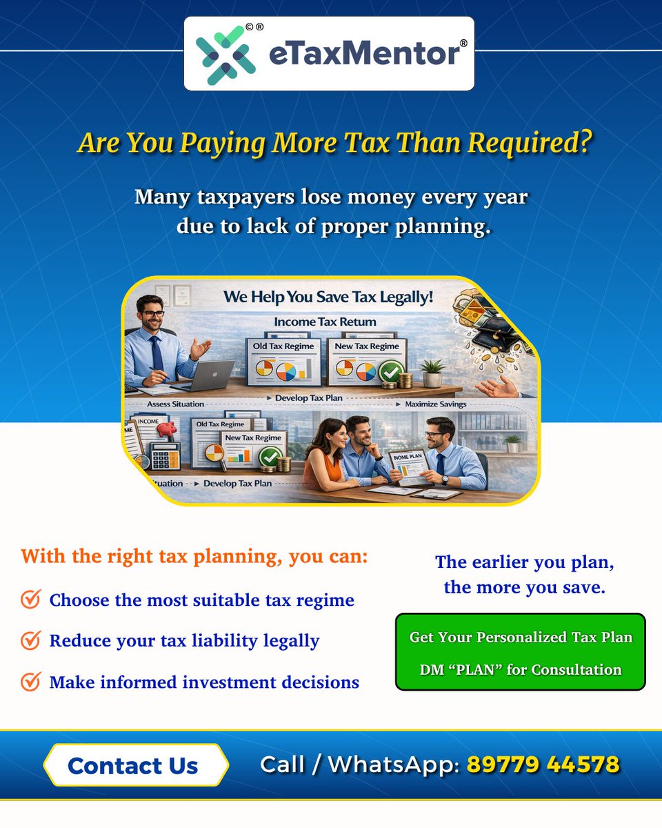 etaxmentoroff's tweet image. Paying more tax than you should? 💸

Plan smart. Save legally. ✅

Contact eTaxMentor today!

📩 DM “PLAN”
📞 89779 44578
#TaxPlanning #SaveTax #FinanceIndia #etaxmentor #incometaxreturn #taxfiling