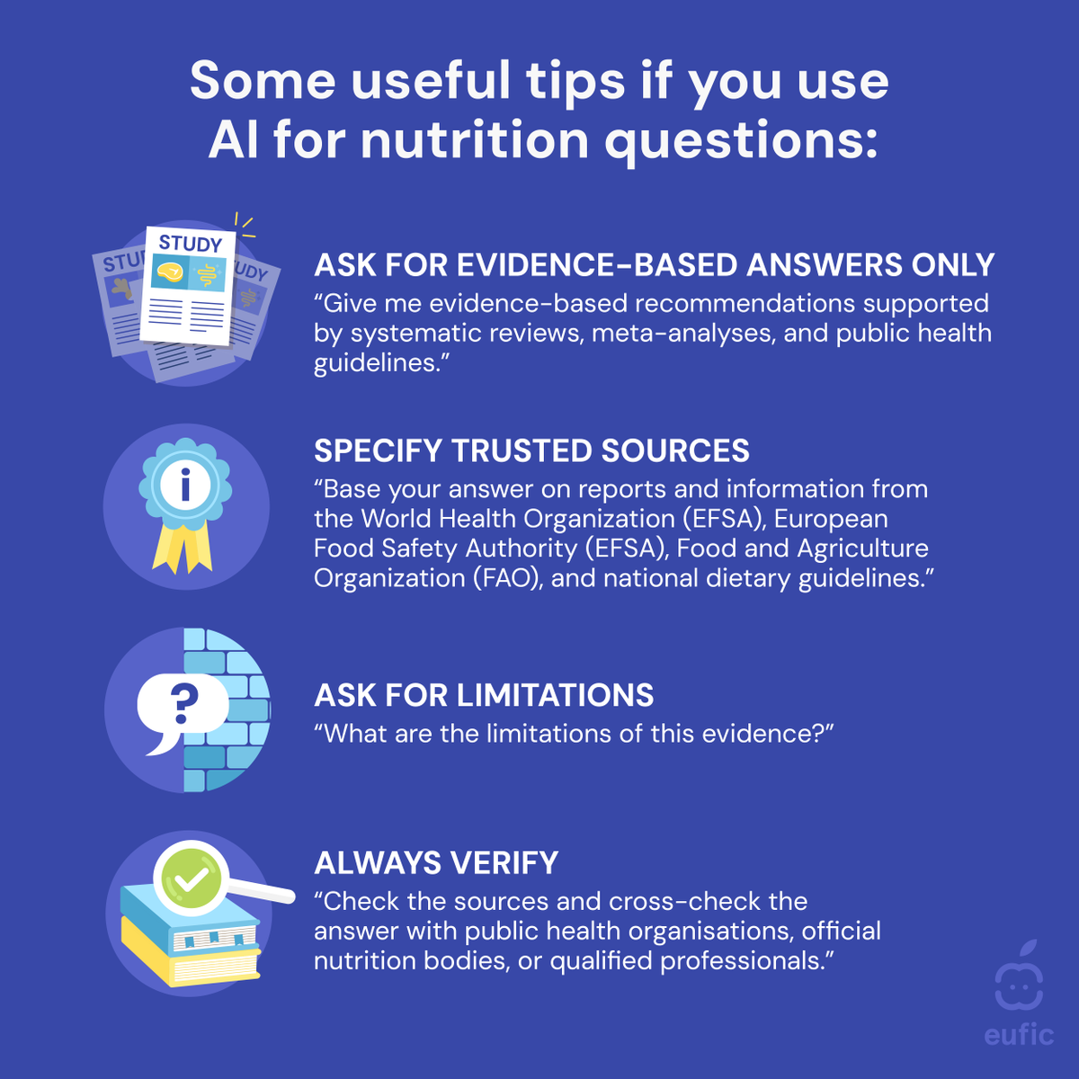 EUFIC's tweet photo. Using #AI for #nutrition advice? 🤖 

⚠️ AI can be helpful, but it’s not always a source of truth. 
👉 Ask for evidence, choose trusted sources &amp; look at the limitations. 

When it comes to your own needs, a qualified dietitian/nutritionist can help turn information into action. https://t.co/dKcLxIE7Af