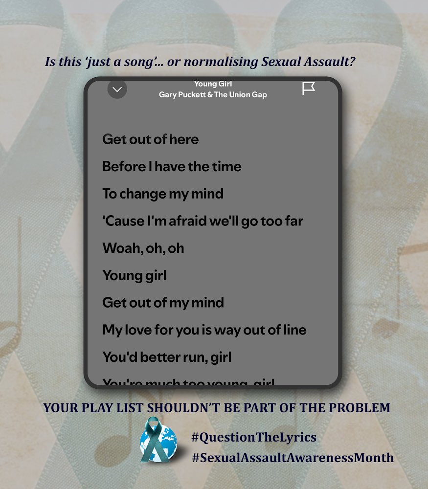CatheyTweets's tweet photo. Day 20
#QuestionTheLyrics
#SexualAssaultAwarenessMonth https://t.co/4dLZjCEN2p