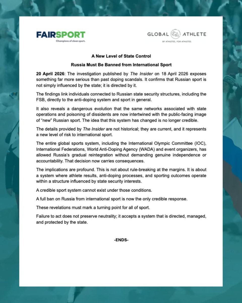 GA X <a href="/FairSportOrg/">FairSport</a> Statement: The investigation published by The <a href="/InsiderEng/">The Insider</a> exposes something far more serious than past doping scandals. It confirms that Russian sport is not simply influenced by the state; it is directed by it. 

The same networks associated with state