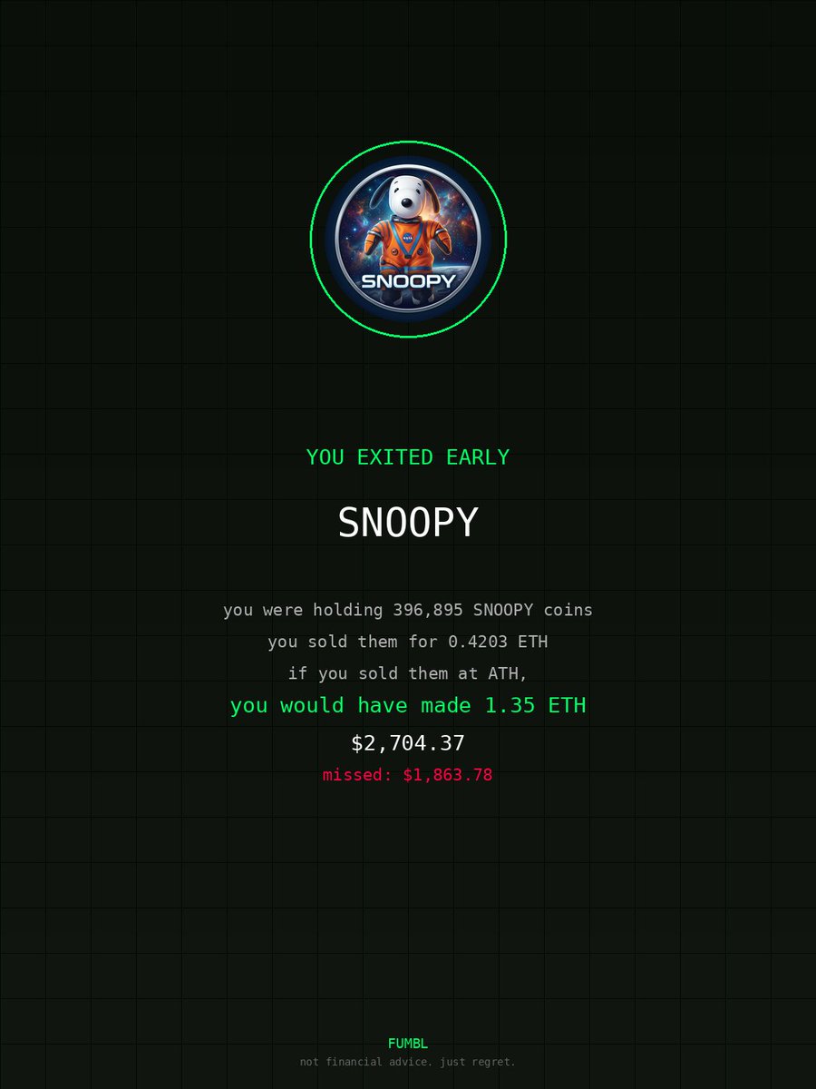 Caboto123_'s tweet image. just checked fumbledbags.xyz can’t believe I didnt cash out on $SNOOPY 
coulda been rich :( 

0x4442e318FF5748b7e2924AaC0D8925daD9B12f5b 
#trust
#business