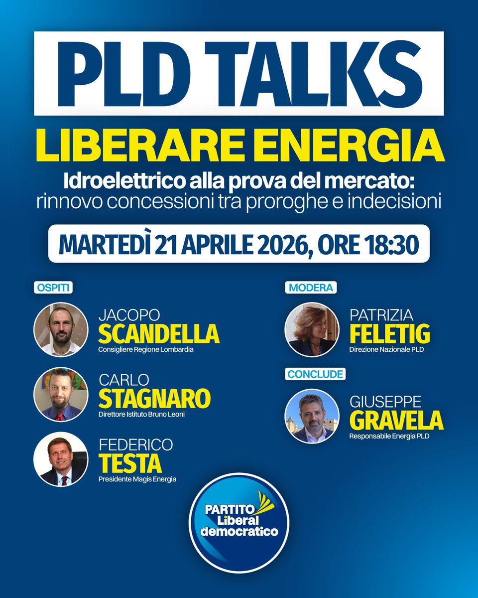 Partito_Libdem's tweet image. Torna l’appuntamento settimanale dei  #PLDTalks! 
MARTEDÌ 21 APRILE ‘LIBERARE  #ENERGIA’, con @GGravela77 , Responsabile Energia PLD

👉 #Idroelettrico alla prova del mercato 

🗓️ martedì 21 aprile 2026
🕦 Ore 18.30
👉 canale YouTube #partitoliberaldemocratico  e pagina Facebook